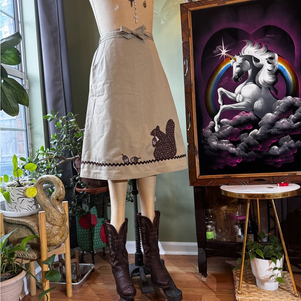 Tan A-Line Wrap Skirt with Quilt Appliqués